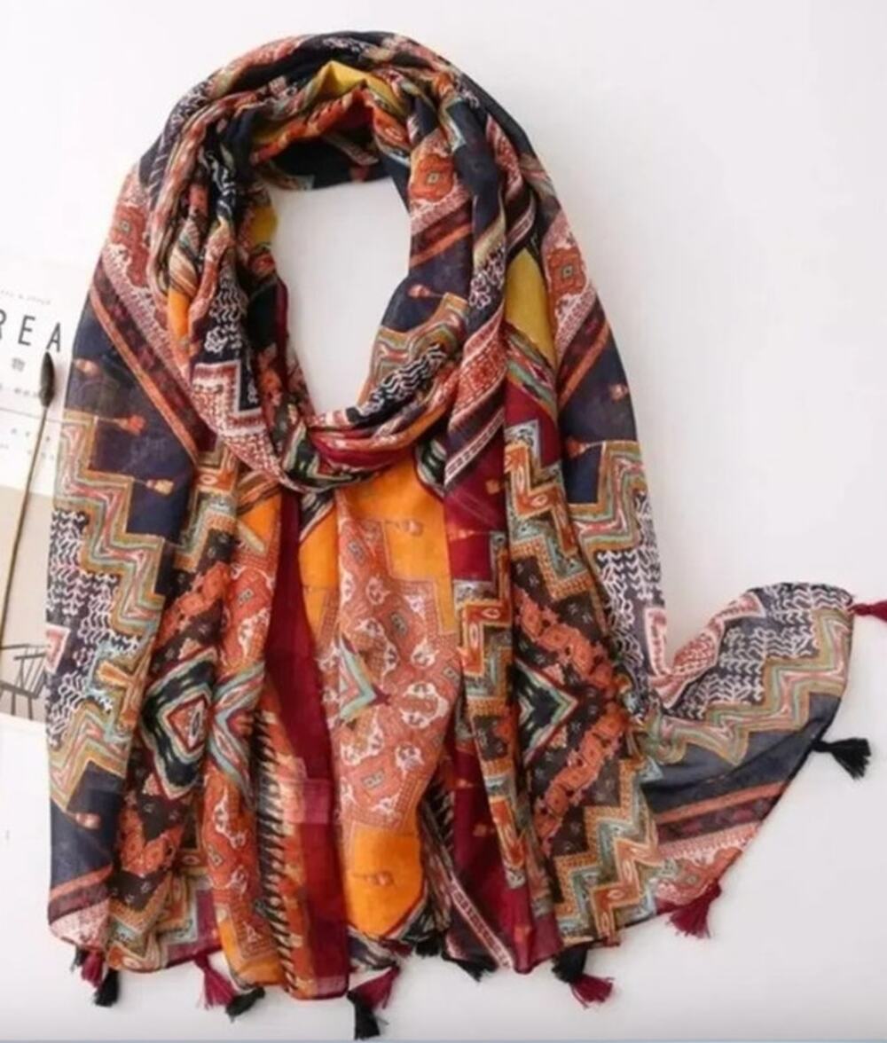 NEW Boho Tassel Scarf Fall Red Orange Printed